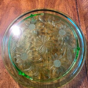 1 Uranium Green Glass 10” Footed Cake Plate